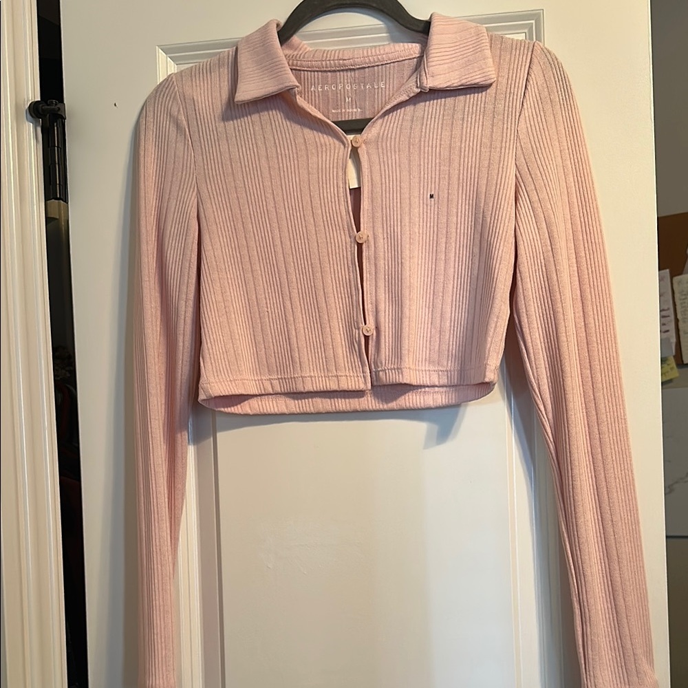 Pink Ribbed Long Sleeve Crop Top